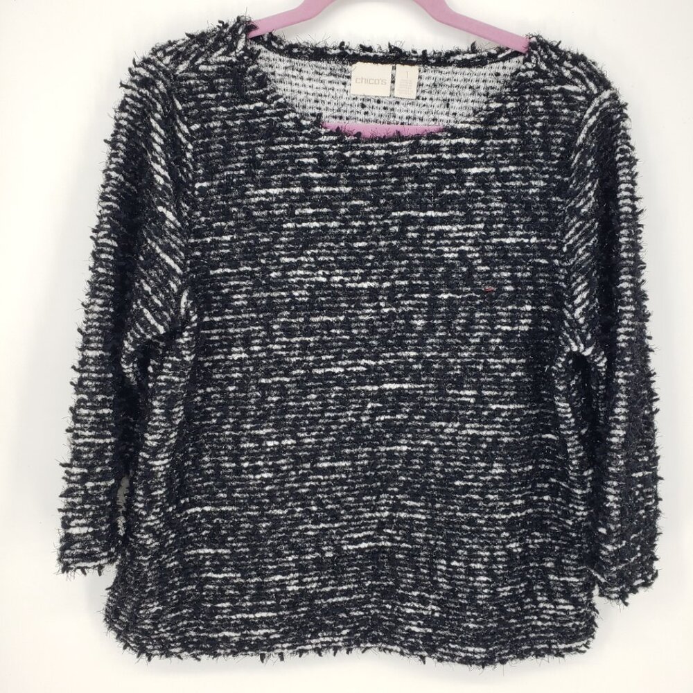 Chico's Metallic Textured Boucle Knit Sweater M Relaxed‎ Boxy Fit  Black White
